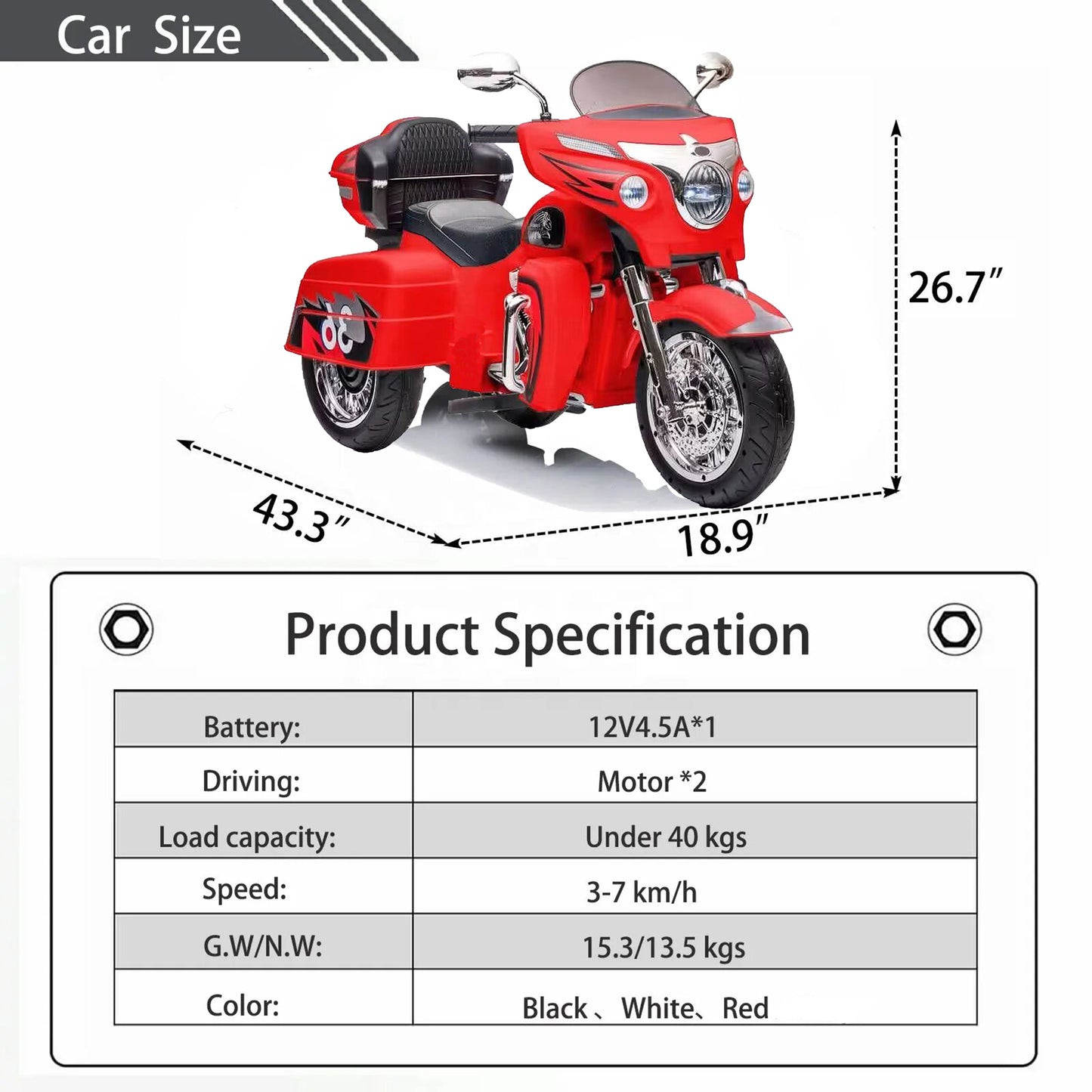 TAMCO T1800 white/red/black big kids electric motorbike,kids toys car,large capacity trunk,free shipping