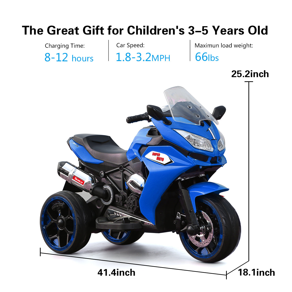 TAMCO-1200 blue ,kids electric motorcycle 3 wheels 2 motor 12V battery Children ride on motorcycle with lightting wheels ,free shipping