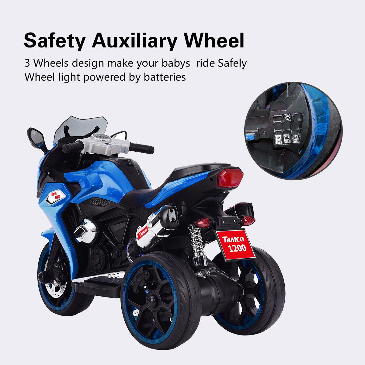 TAMCO-1200 blue ,kids electric motorcycle 3 wheels 2 motor 12V battery Children ride on motorcycle with lightting wheels ,free shipping