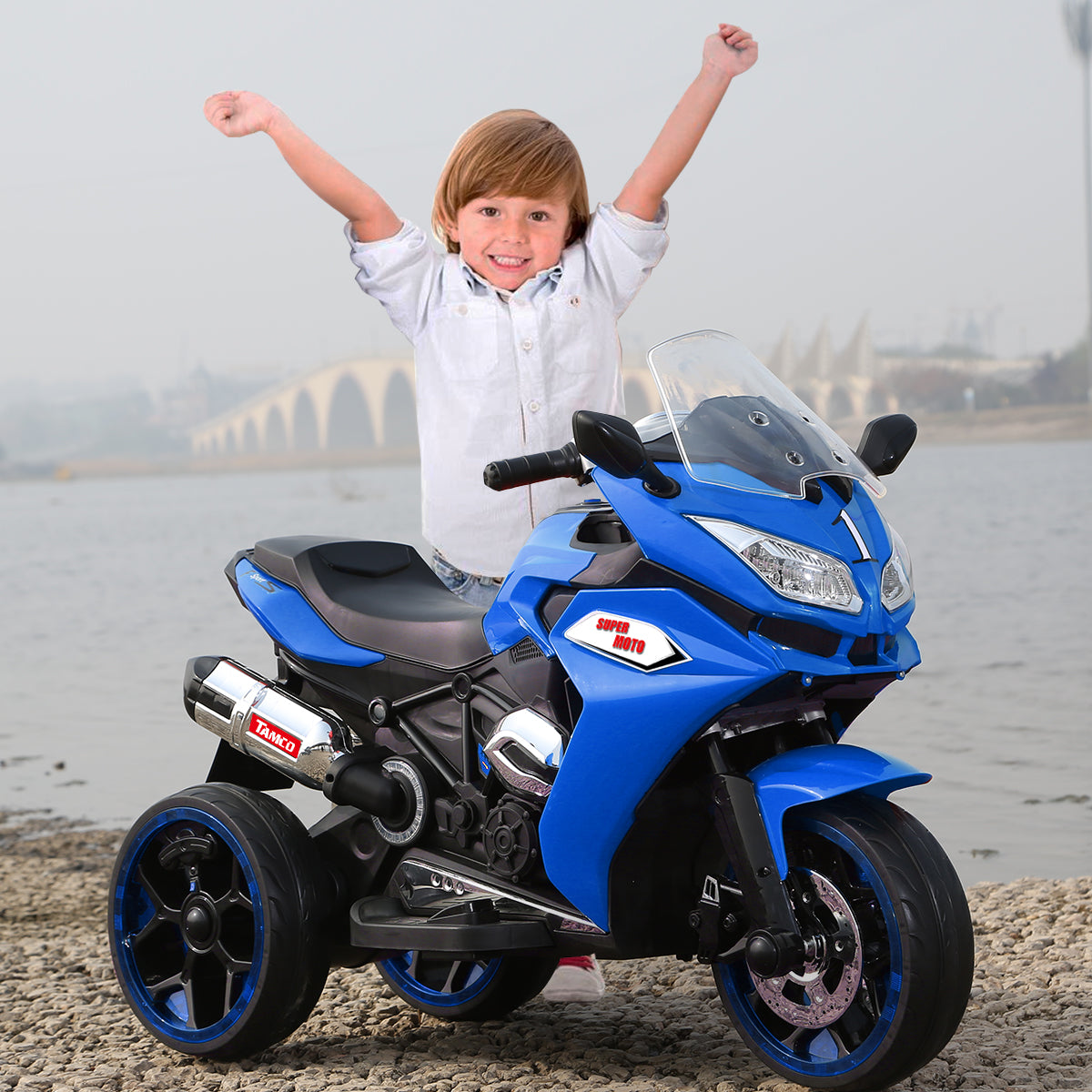 TAMCO-1200 blue ,kids electric motorcycle 3 wheels 2 motor 12V battery Children ride on motorcycle with lightting wheels ,free shipping