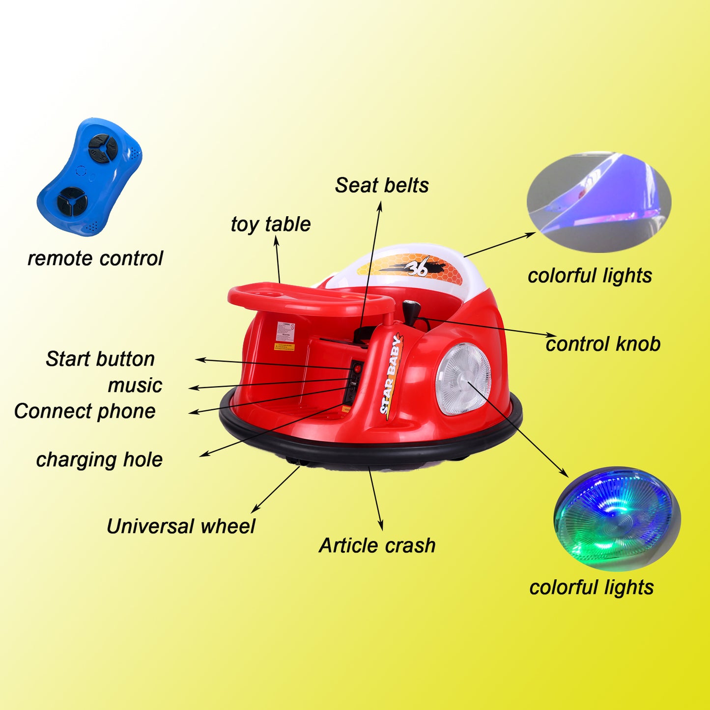 TAMCO 12V Kids Toy Electric Ride On Bumper Car, 360 Spin Ride On Vehicles for Girls Boys Toddler with Remote Control Dinner plate Colorful lights
